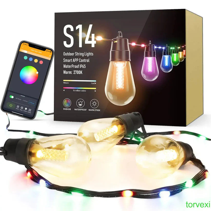 46ft Outdoor Lights S14 Waterproof Bluetooth App Remote RGB Warm White Balcony Backyard Party Holiday