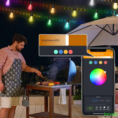 46ft Outdoor Lights S14 Waterproof Bluetooth App Remote RGB Warm White Balcony Backyard Party Holiday