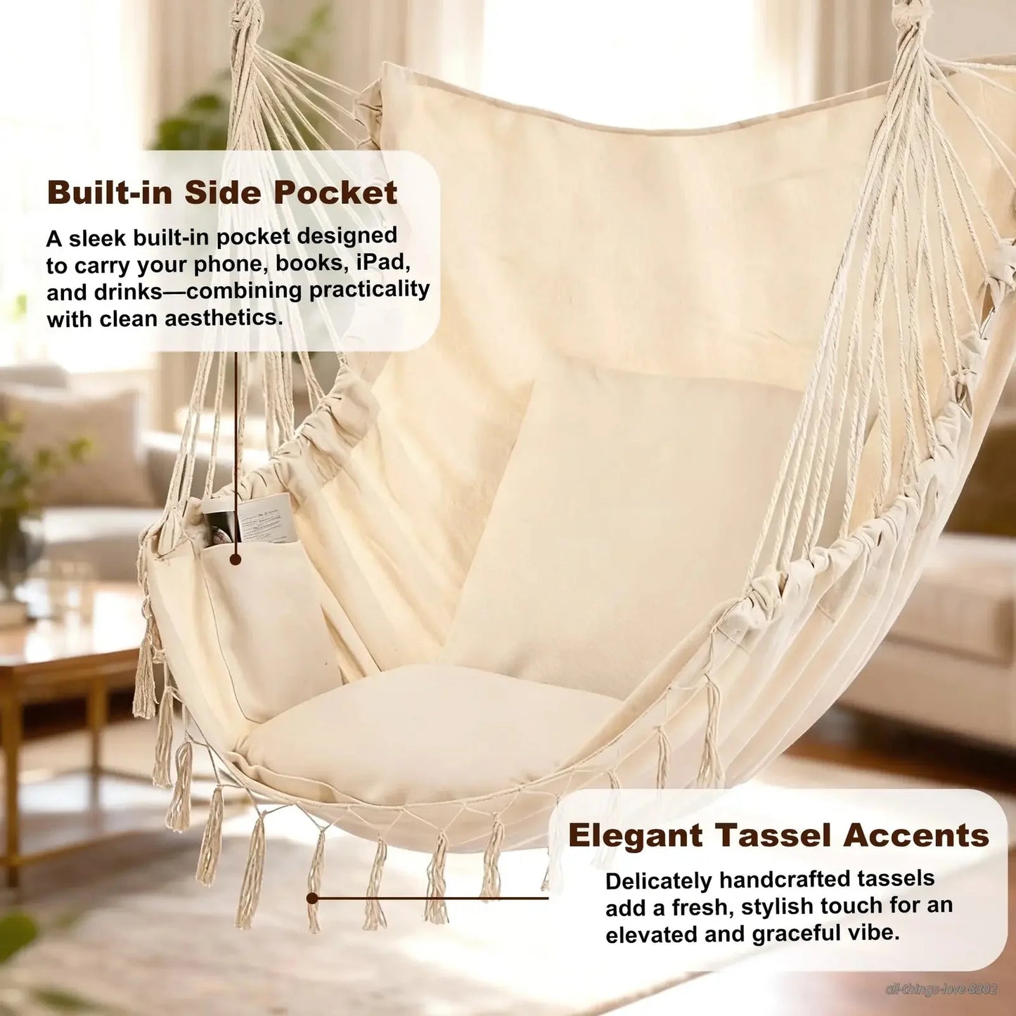Hammock Chair with Cushions – 330LB Foldable Indoor Outdoor Swing