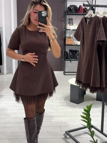 Elegant round neck sparkling rhinestone dress