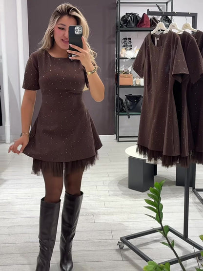 Elegant round neck sparkling rhinestone dress