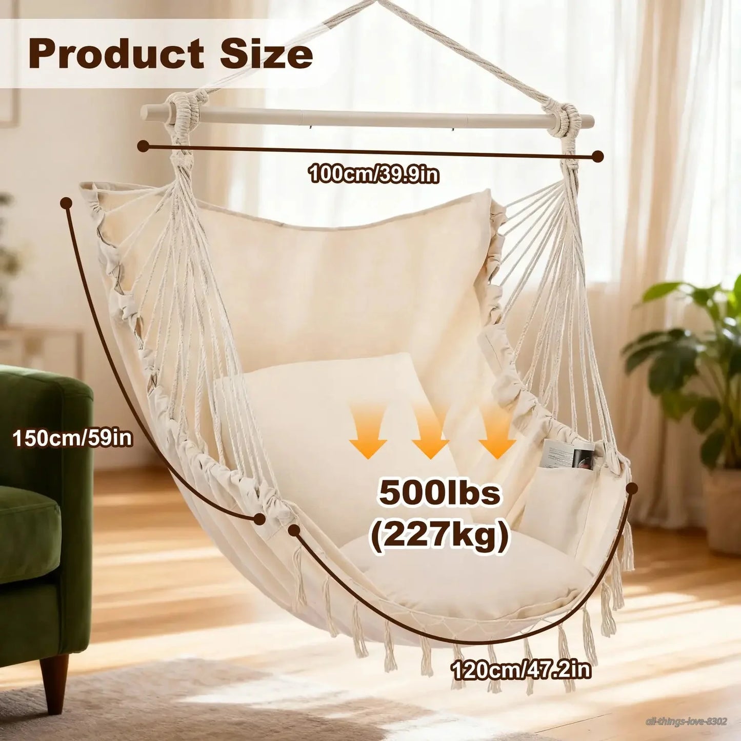 Hammock Chair with Cushions – 330LB Foldable Indoor Outdoor Swing